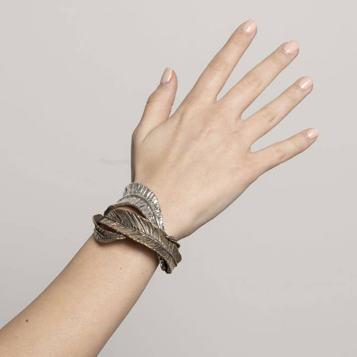 Brazalete rígido con hojas largas en plata 925 y bronce (BA073b) para venta al por mayor de Mandile Gioielli