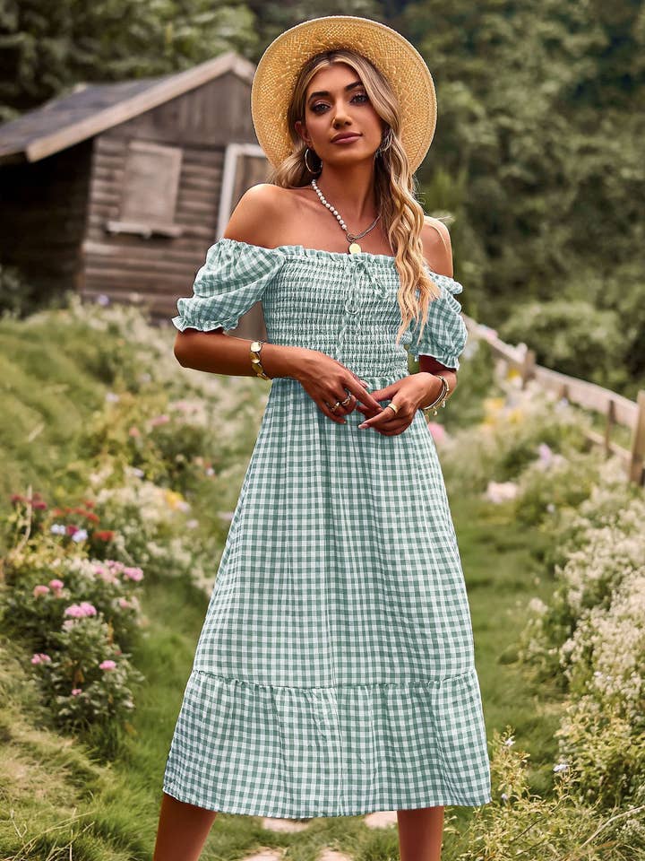 Gypsy At Heart Dress - Green Gingham for wholesale by NAOMI & CO PTY LTD
