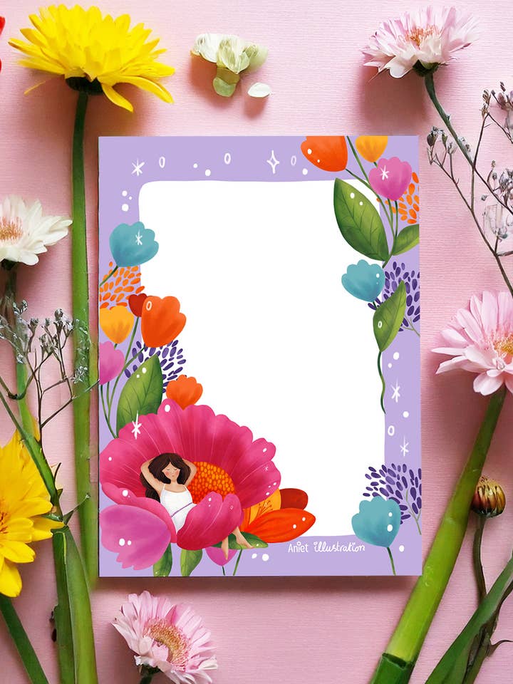 Notebook A5 woman in flower nature relax spring summer for wholesale by Aniet Illustration