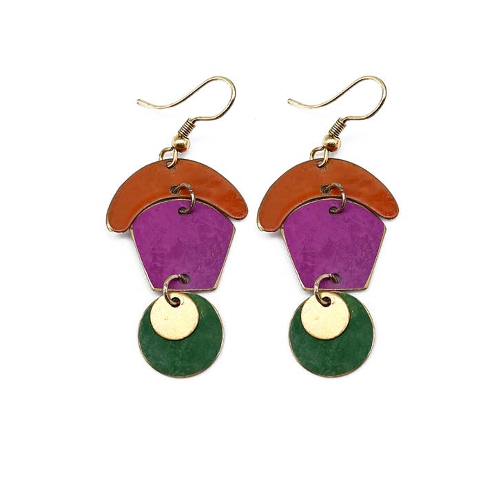 Brass Patina Earrings - Colorblocked Abstract Shapes for wholesale by Anju Jewelry
