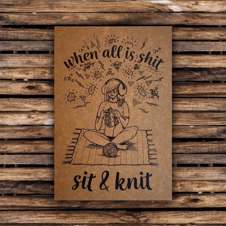 Postcard "When all is shit, sit & knit" for wholesale by calling sheep