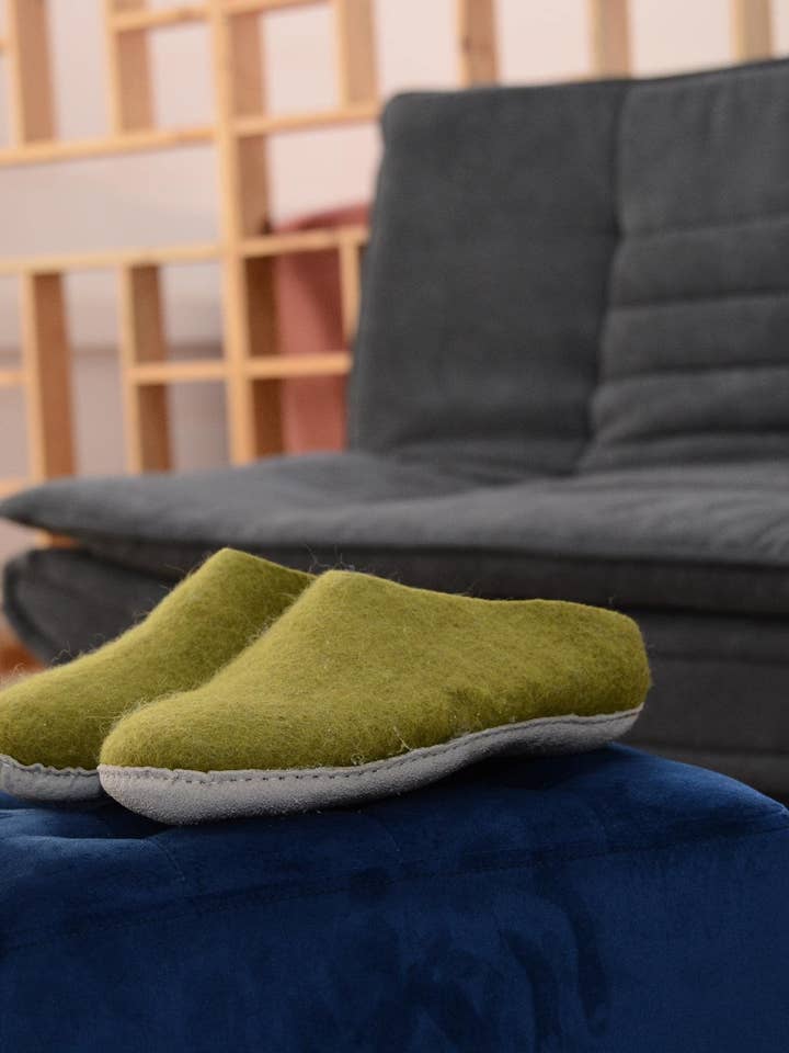 Handmade Wool Felt Slippers: Olive Green Indoor Shoes, Nepal for wholesale by Woollyfelt