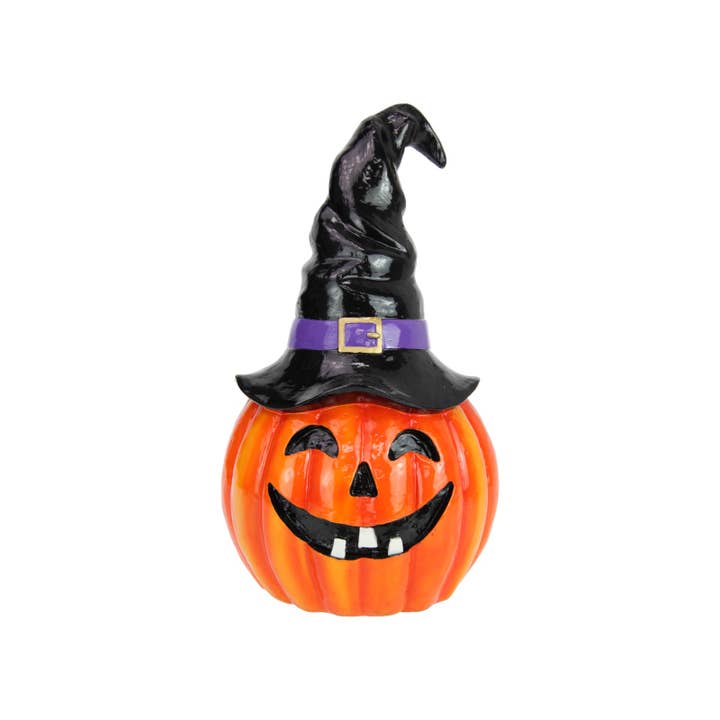 Cubby House by Malmar - Wholesale Decorative Tabletop Object - 30cm Shiny Pumpkin with Witch Hat