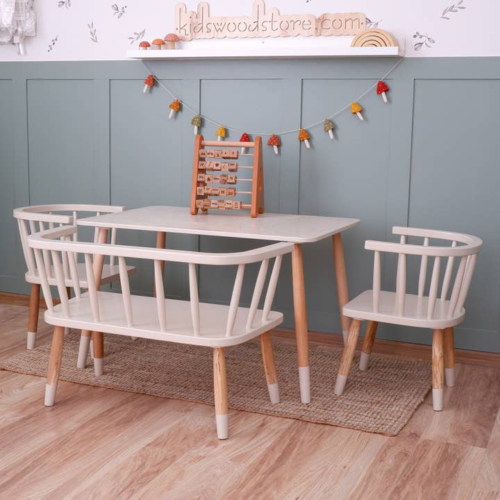 Mesa de Madera para Niños, Silla Windsor para Niños y Banco Windsor para Niños y Niños Pequeños - Personalizable para venta al por mayor de Kids Wood Store U.S. / EU.