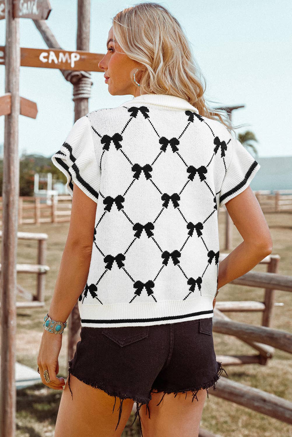 fashionworks - Vente Pull en maille – femme - Chandail à col zippé à imprimé nœud Fashion-W Preppy Vibes1