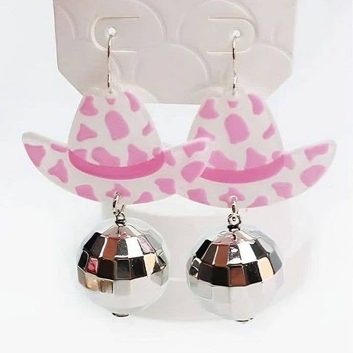 12pk Cow Girl Hat Dangle Ball Earrings for wholesale by Diacly