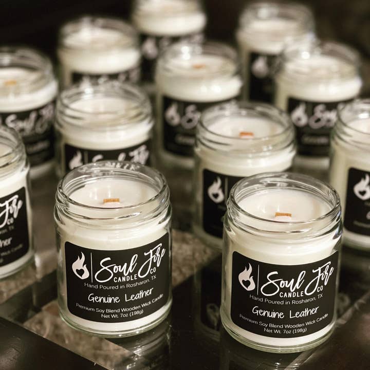 Genuine Leather Wooden Wick Candle for wholesale by Soul Fire Candle Company