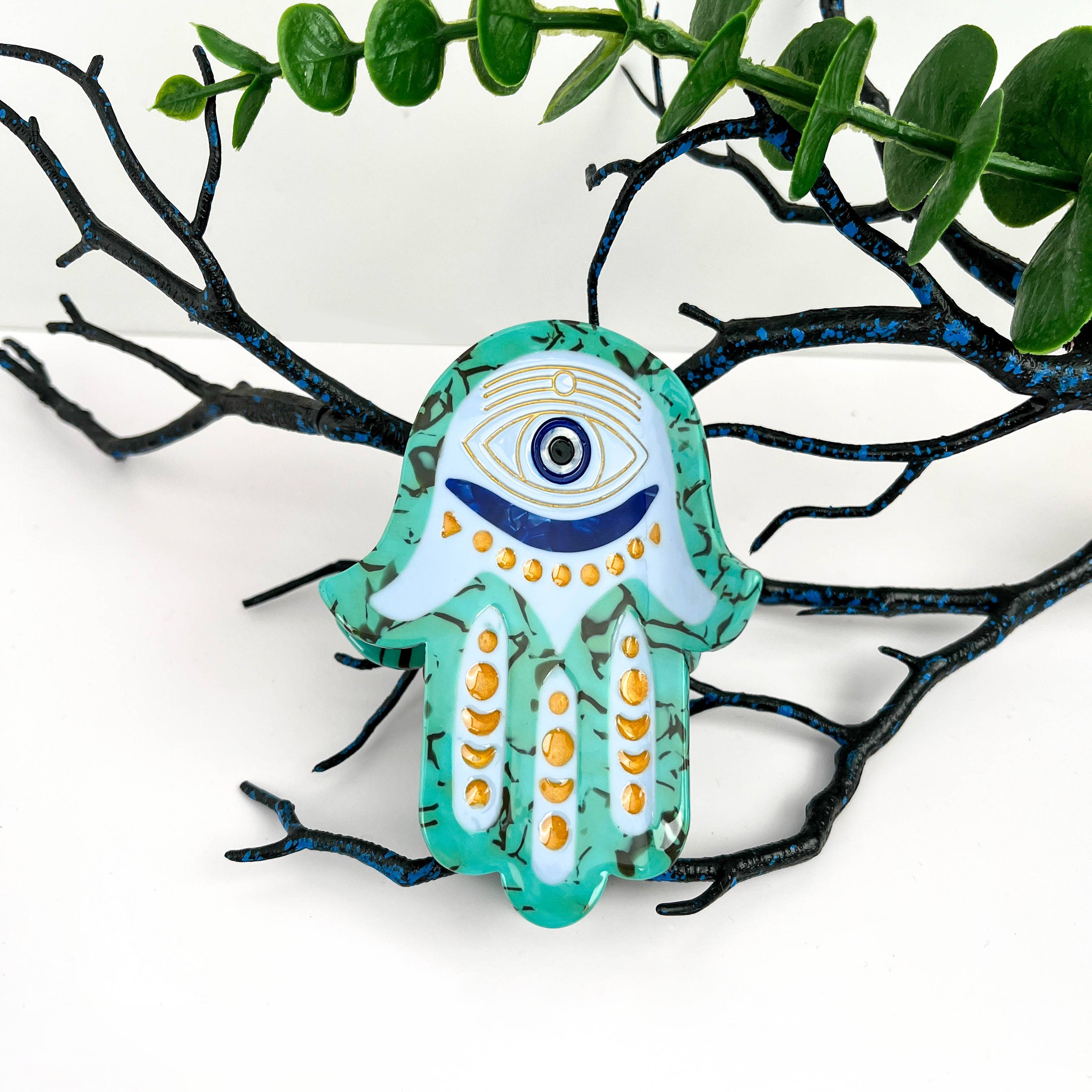 Green Neoclassical Buddha Hand Acetate Hair Claw Clip for wholesale on Faire1