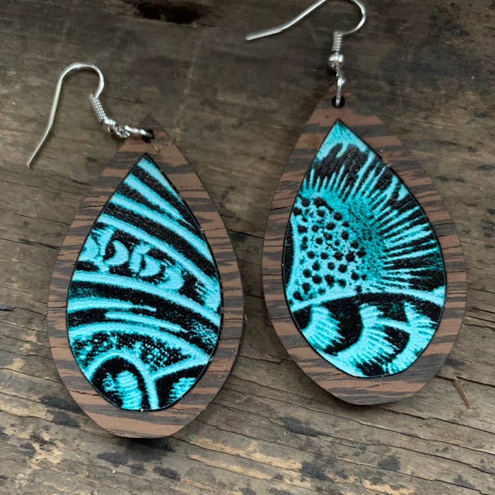 Jill's Jewels - Vente Boucles d'oreilles pendantes - Boucles d'oreilles en forme de larme en bois avec cuir bleu sarcelle