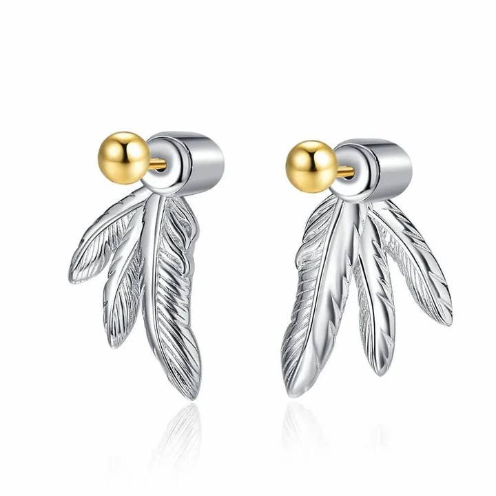 Feather Silver Stud Earrings for wholesale by Angel Barocco