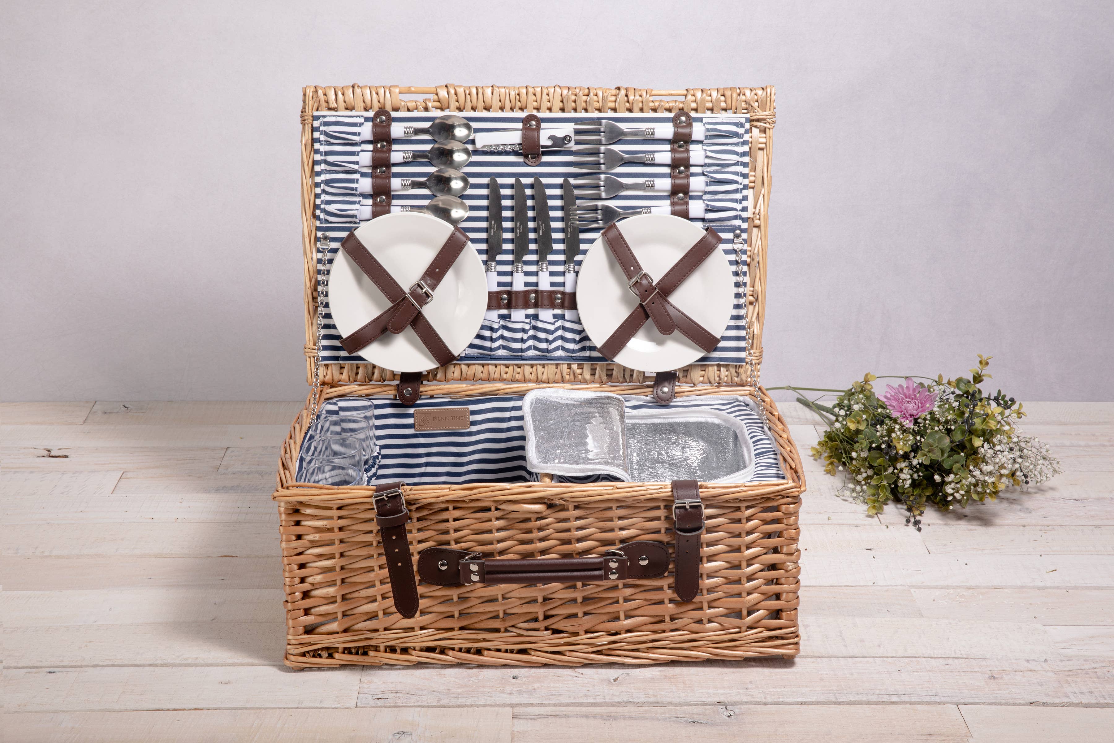 Belmont Picnic Basket, (Navy Blue & White Stripe) for wholesale on Faire9
