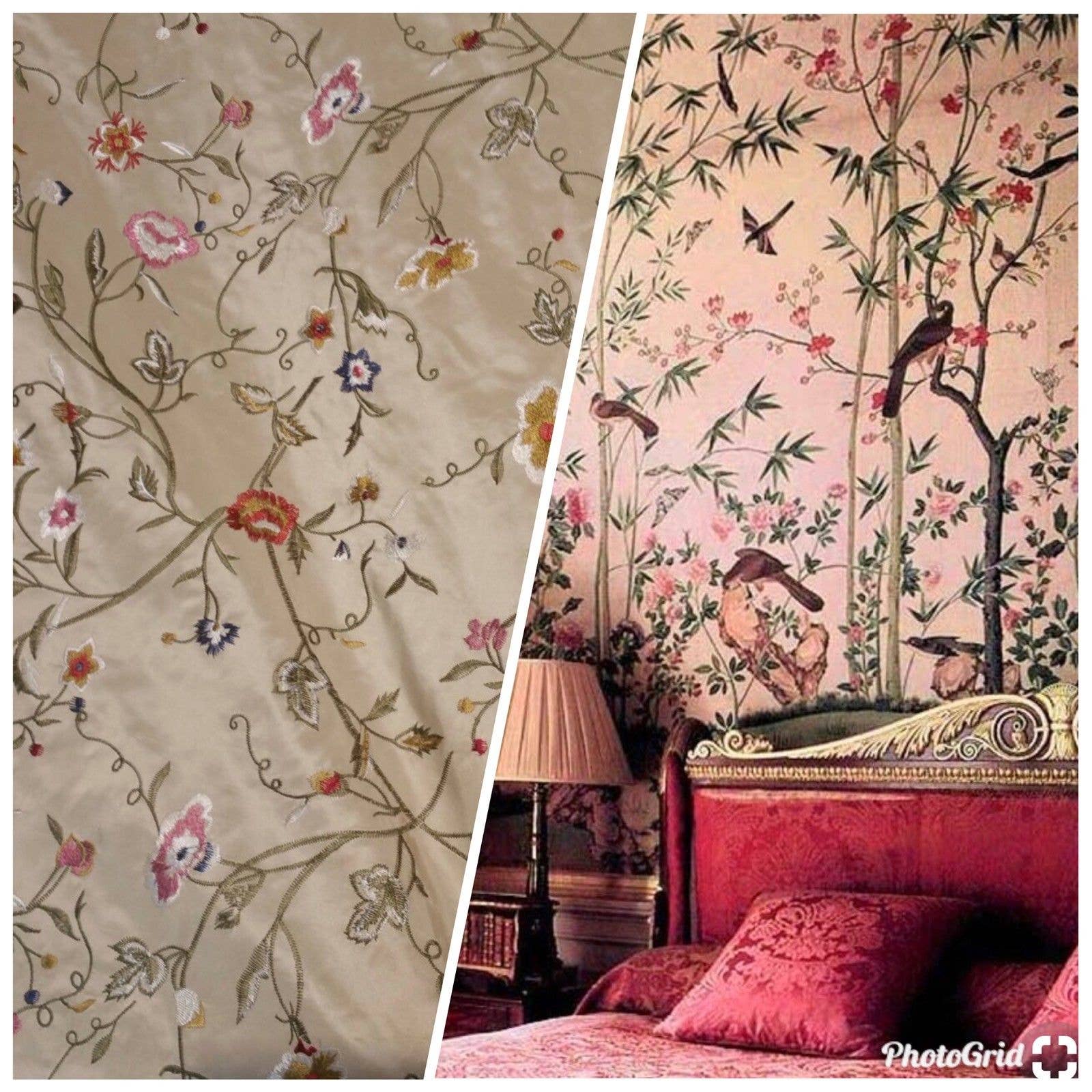 Fancy Styles Fabric - Wholesale Stofrol - SWATCH Queen Melody 100% zijden taft interieurstof met geborduurde bloemen in tuin taupe0