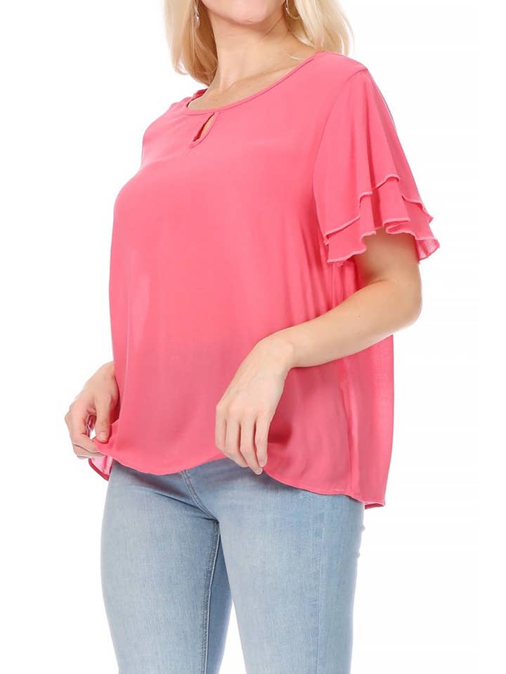 MOA COLLECTION - Wholesale Blouse - Women's - Casual Solid Flowy Short Flutter Sleeve Key Hole Blouse9