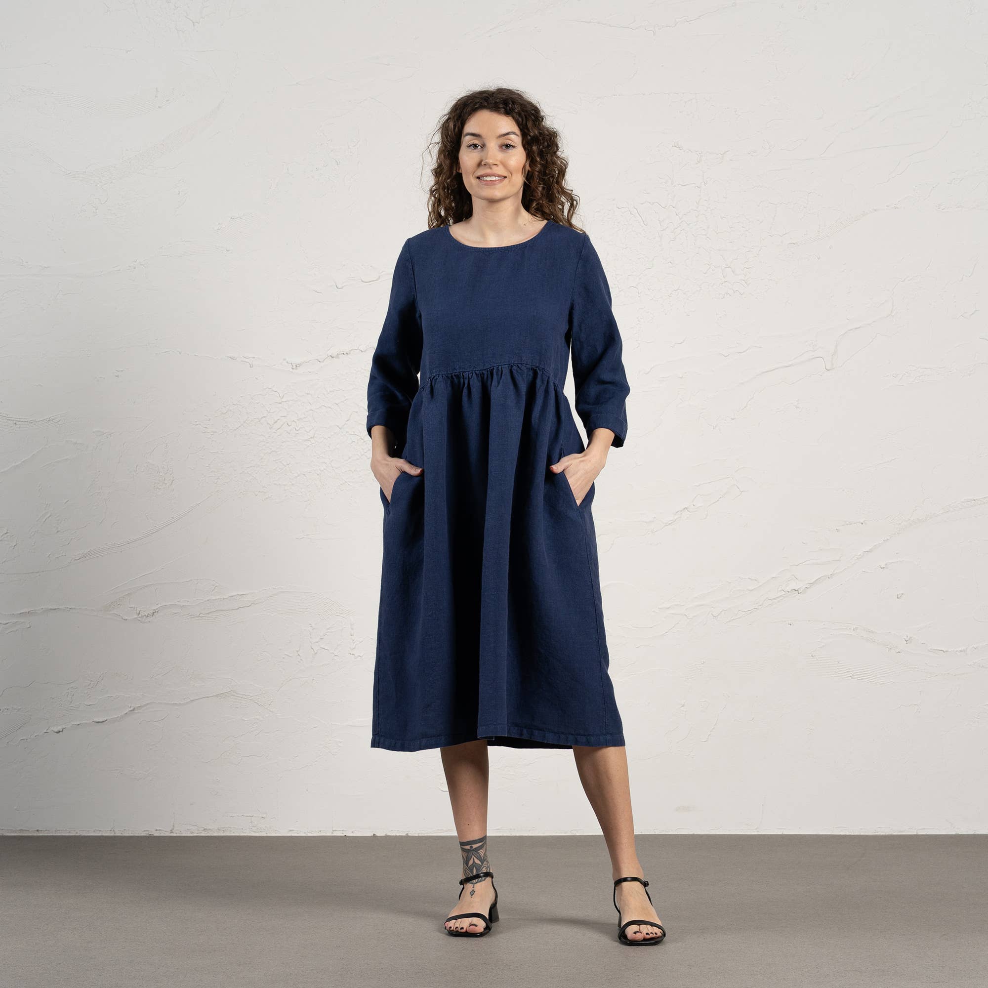 menique - Vente Robe – femme - Robe smock en lin 100 % naturel Lucy - manches 3/4