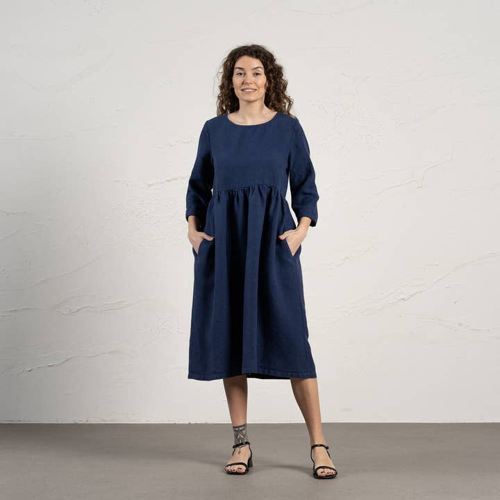 menique - Vente Robe – femme - Robe smock en lin 100 % naturel Lucy - manches 3/40