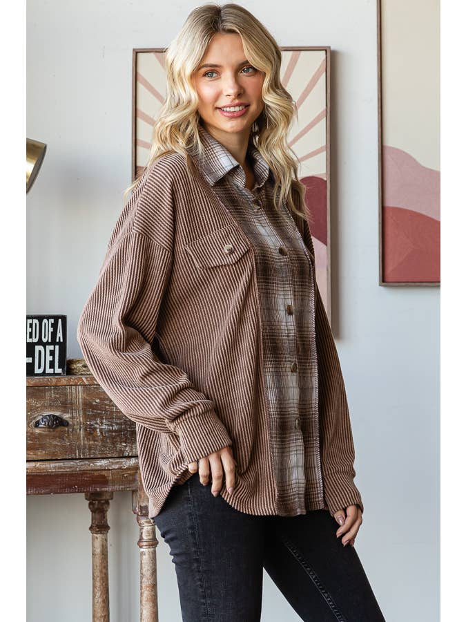 7th Ray - Wholesale Shirt Jacket/Shacket - Women's - Rib Plaid Contrast Drop Shoulder Button Down Shacket T5809