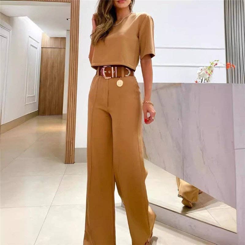 UZ Wholesale Store - Wholesale Top & Pant Set (NOT Loungewear) - Women's - Pure Color Short Sleeve Suit Pants Set1