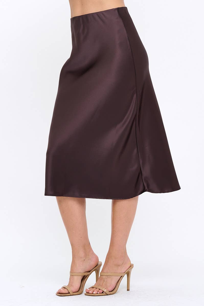 Brown Made in USA Solid Satin Midi Skirt  for wholesale on Faire1