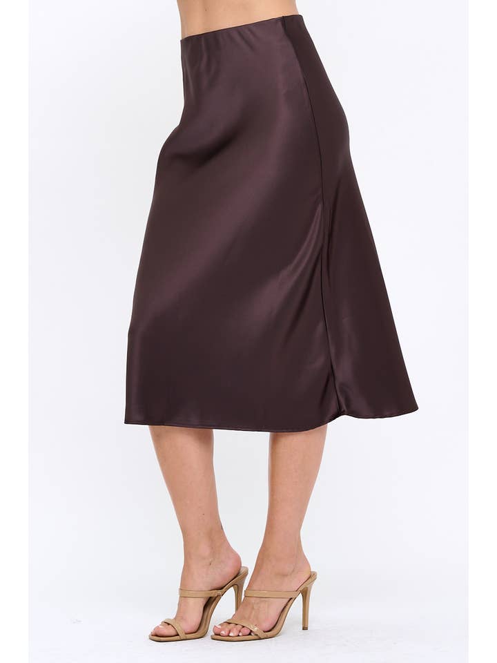 Brown Made in USA Solid Satin Midi Skirt for wholesale on Faire1
