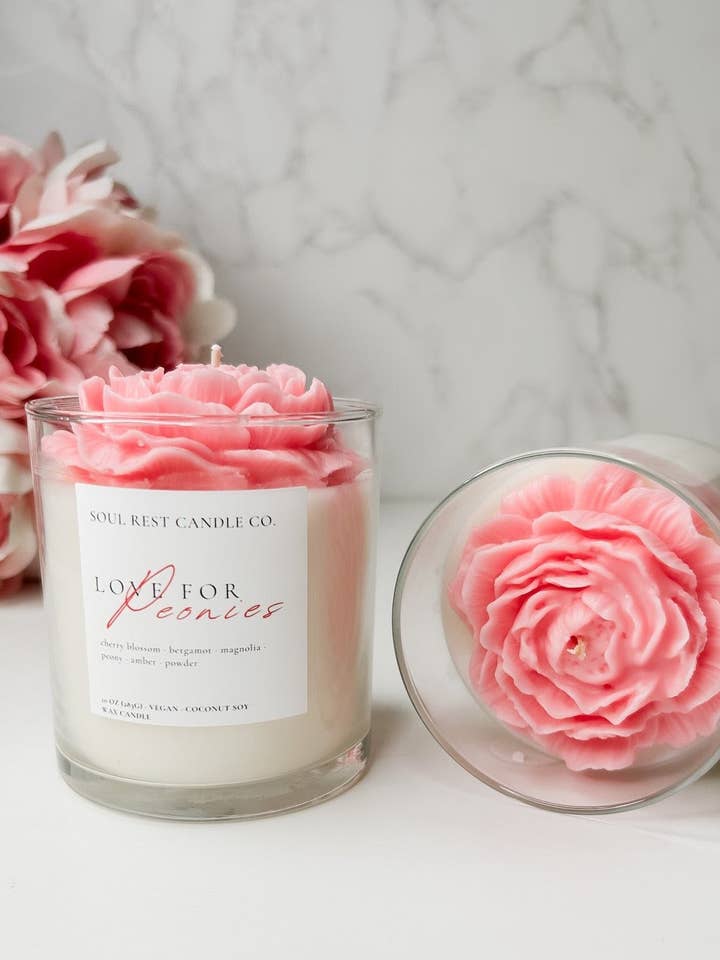 Love for Peonies 10oz candle for wholesale by Soul Rest Candle Co.