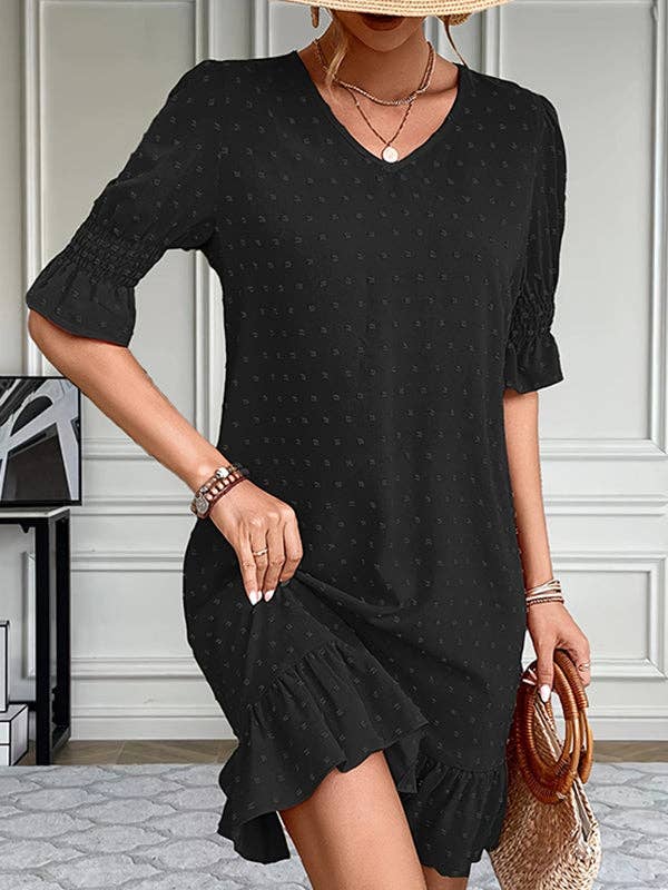 Plush Looks – Großhandel Kleid – Damen – A-Linien-Minikleider mit ausgestellten Ärmeln und elastischem Jacquardplissee, einfarbig, mit geteilten Gelenken und V-Ausschnitt0