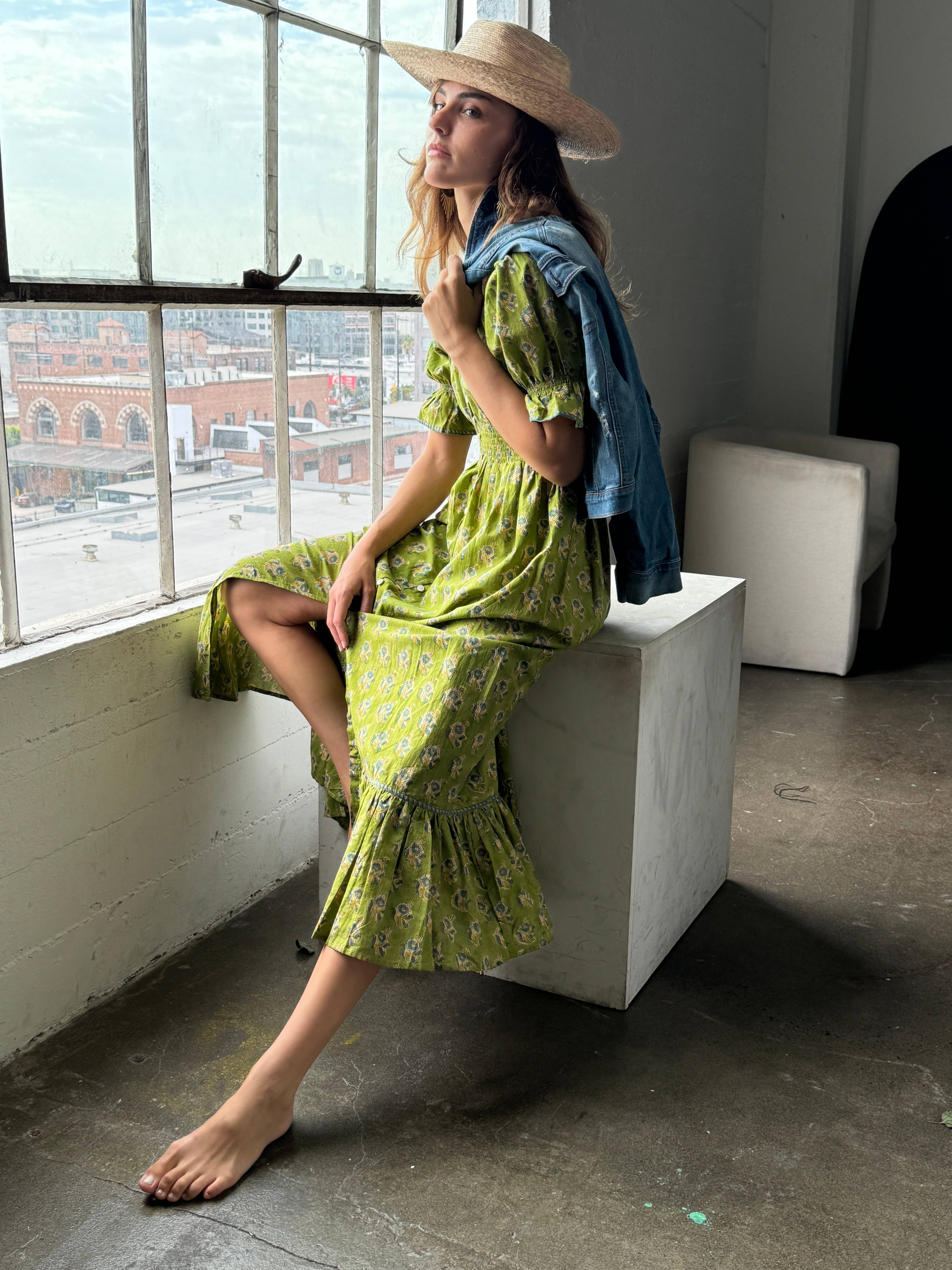 The Fox and The Mermaid – wholesale Dress – Women's – Tatiana Block Printed Dress (Olive) 3