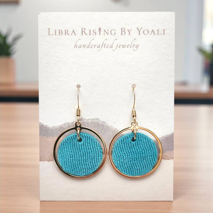Kelly Circle Dangle Earrings in Turquoise Leather and Gold for wholesale by Libra Ris↟ng By Yoali