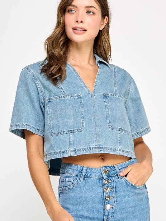 DENIM KORTÄRMAD BEKVÄM TOPP för wholesale av Miss Love