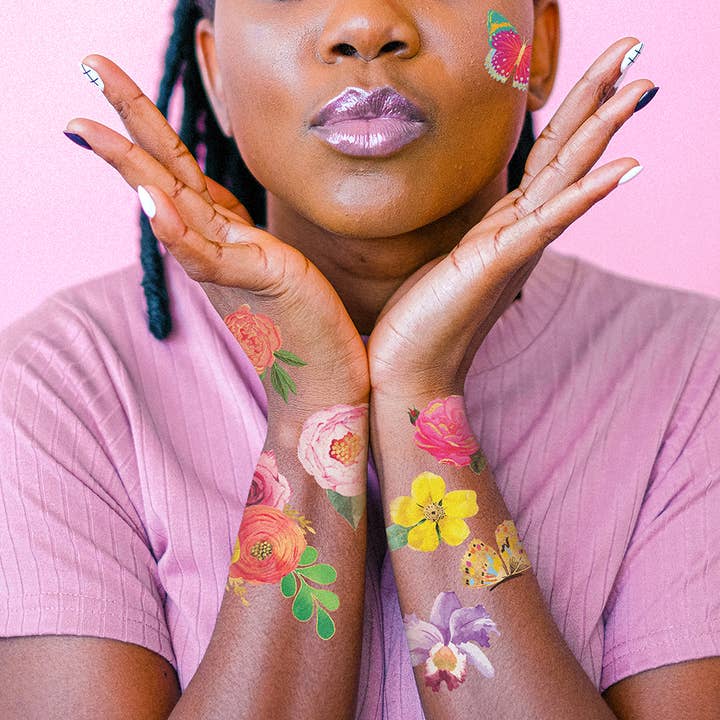 Flash Tattoos - Venta al por mayor Tatuajes temporales - Paquete de tatuajes temporales Emma | Tatuajes flash de flores metálicas1