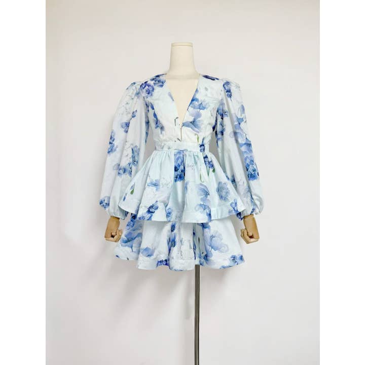 Productseeker - Wholesale Dress - Women's - DR438 V-Neck Lantern Sleeve Floral Print Short Dress