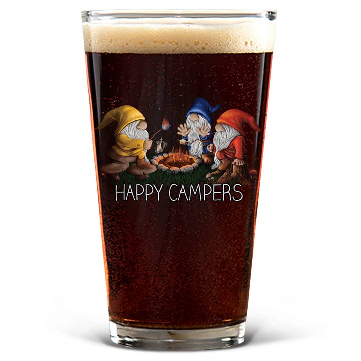 Happy Camper Gnomes - Clear 16oz Color Printed Pint Glass for wholesale on Faire