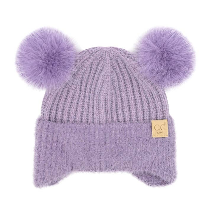 C.C Beanie - Wholesale Beanie - Kids - Kids C C Faux Fur Earflap Double Pom Beanie