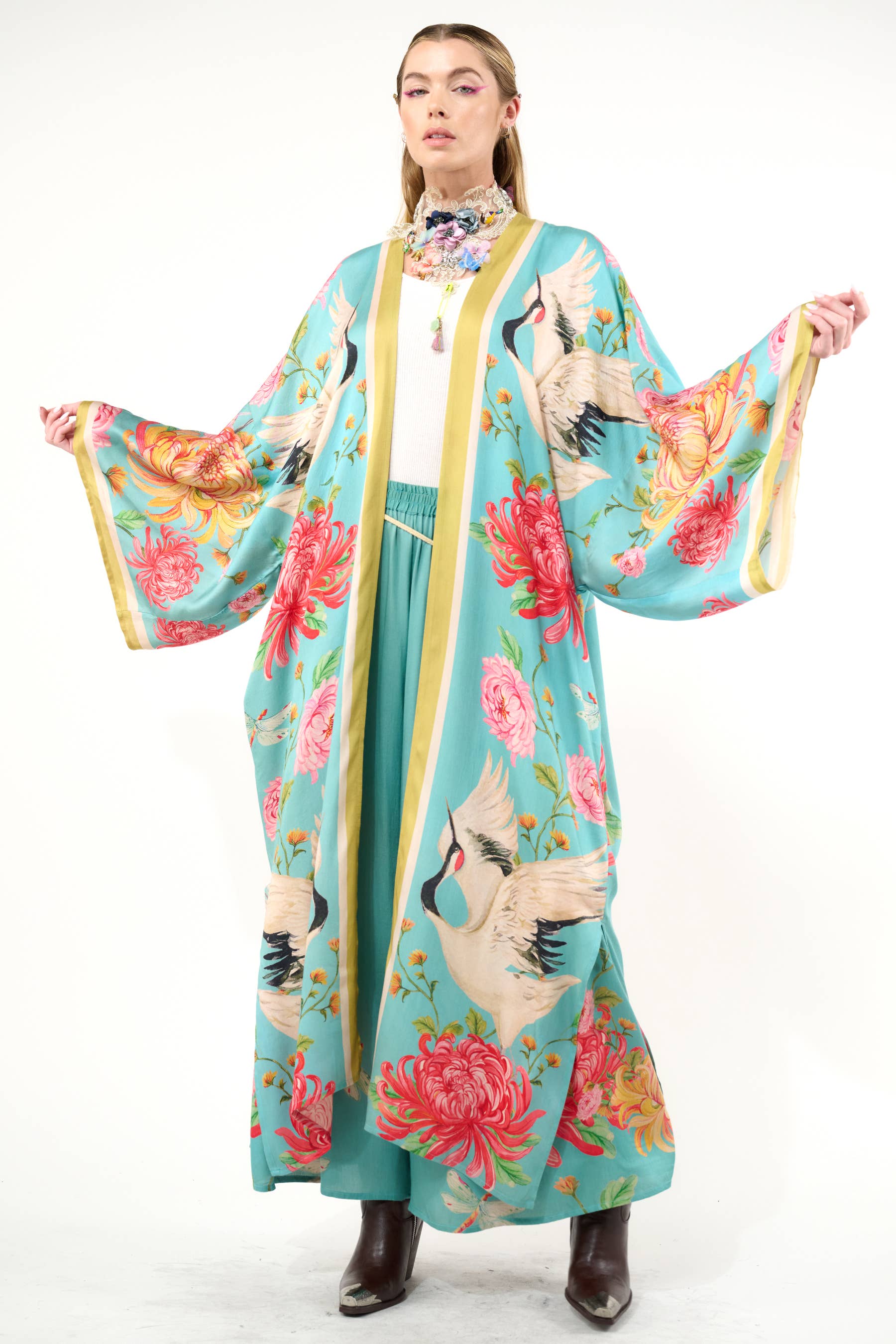 Vintage smaragd De Legende van de Kraanvogel Maxi Kimono / Topper voor groothandel op Faire4