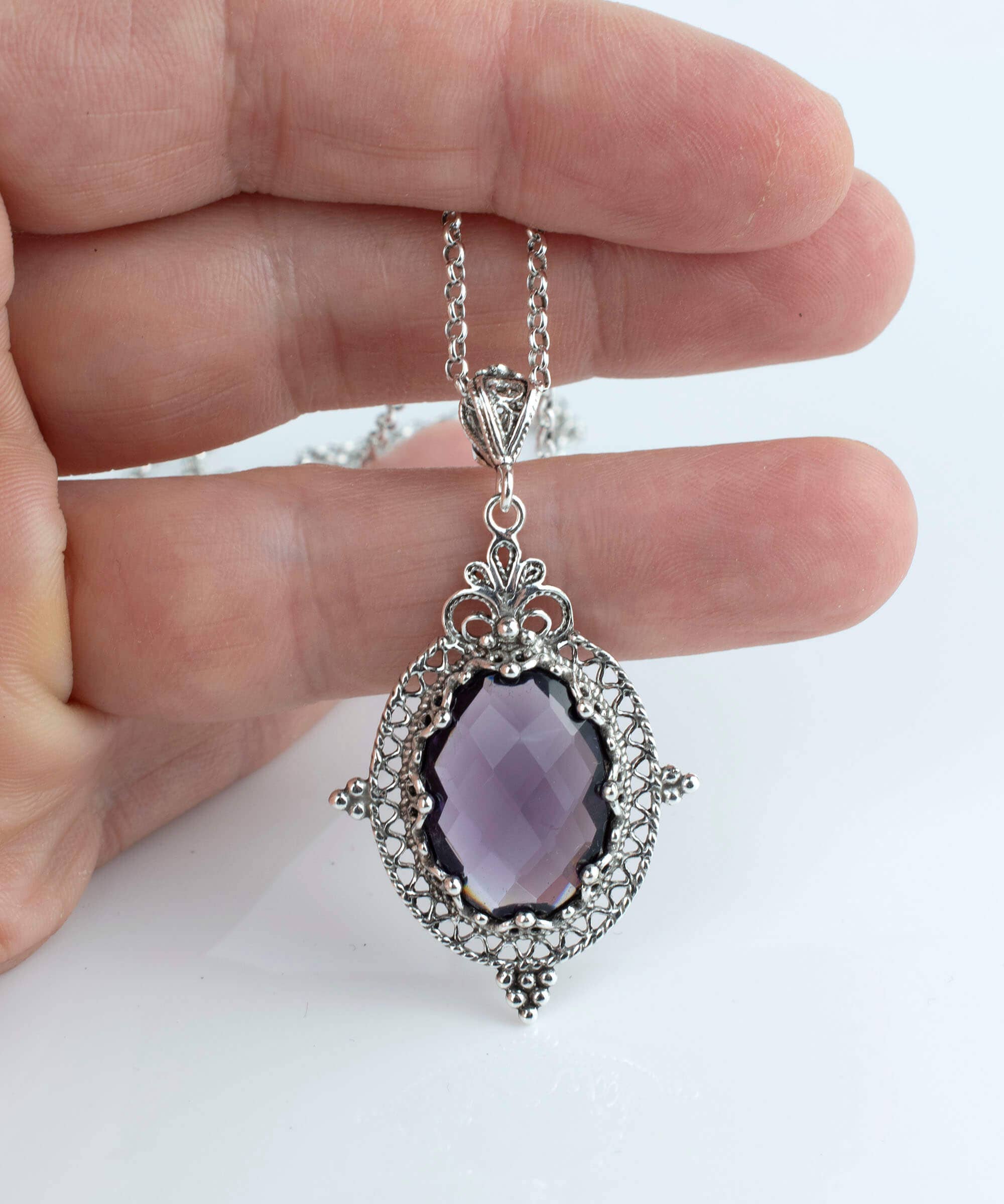 Filigranist Jewelry - Wholesale Pendant/Charm Necklace - Sterling Silver Filigree Art Amethyst Gemstone Women Oval Pendant Necklace4