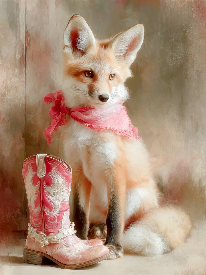 Roze Cowgirl Laars & Rode Vos Antropomorfe Dieren 8"x10" Kunstwerk voor 11"x14" Lijst voor wholesale door Mowbi