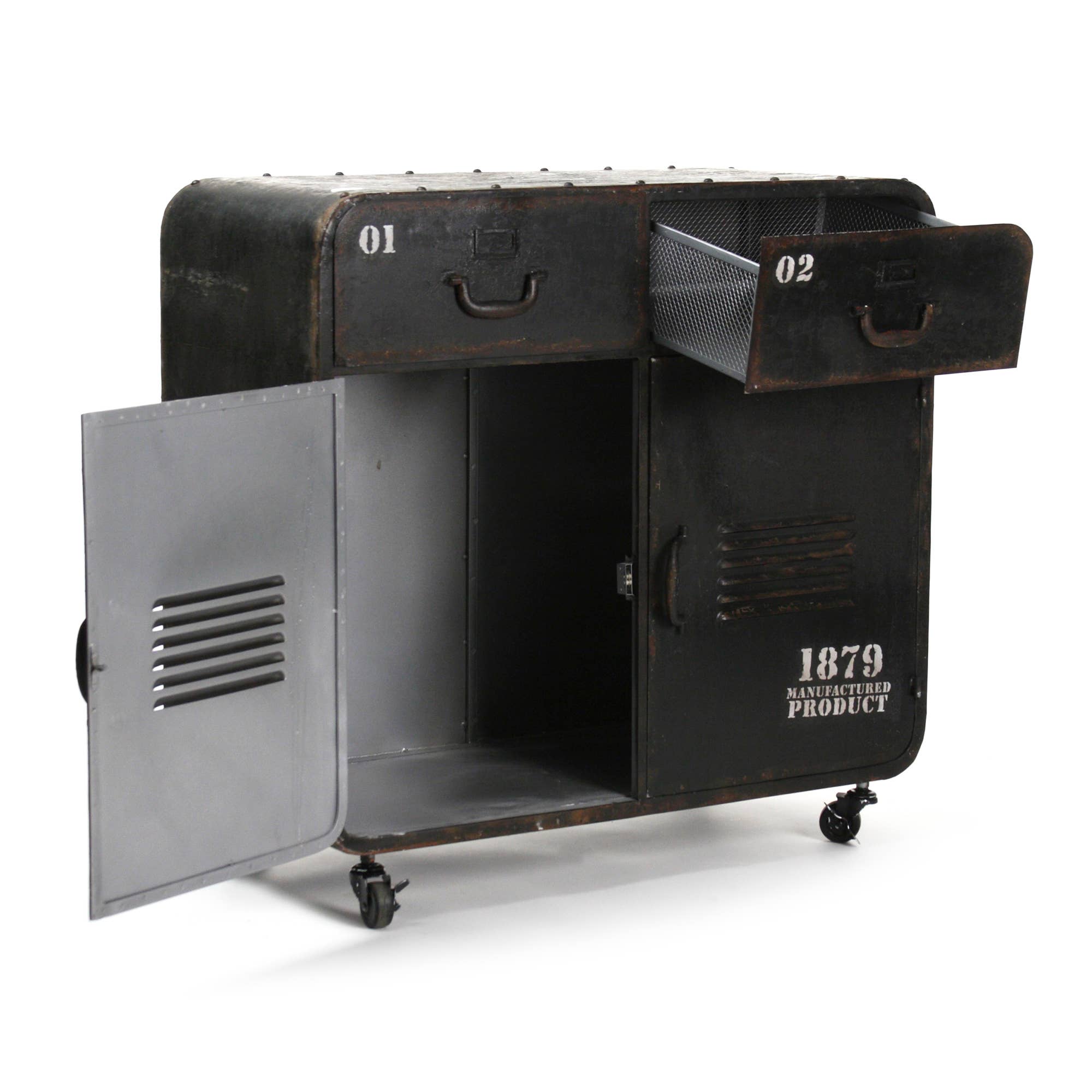 Antik Sort Anton jernskaab med antik sort finish på hjul for engroshandel på Faire2