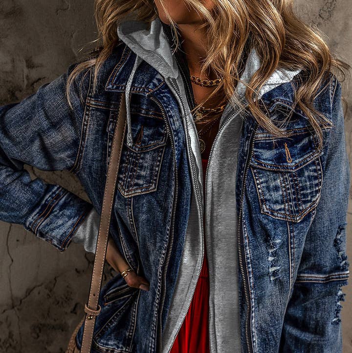 Dark Blue Fake Two-Piece Hooded Zip-Up Denim Jacket for wholesale on Faire