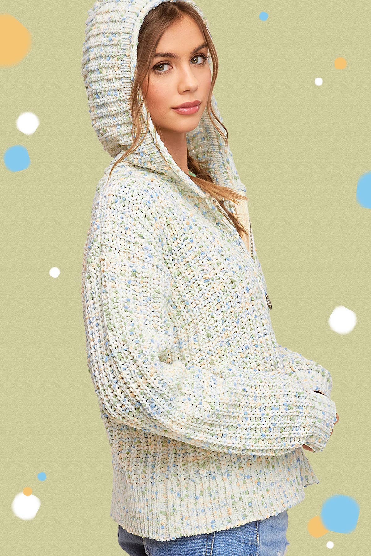 La Miel - Wholesale Hoodie - Women's - JCS3569-Multi Color Confetti Zip-Up Hoodie Sweater11