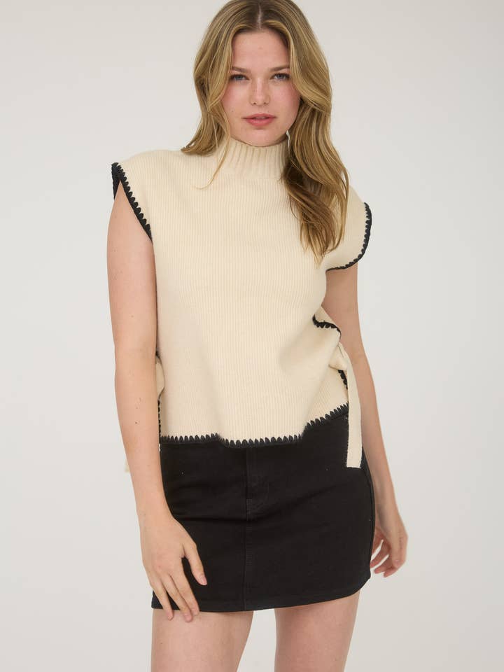 Blu Pepper - Wholesale Knit Sweater - Women's - MOCK NECK CONTRAST STITCH SIDE TIE SWEATER TOP 15