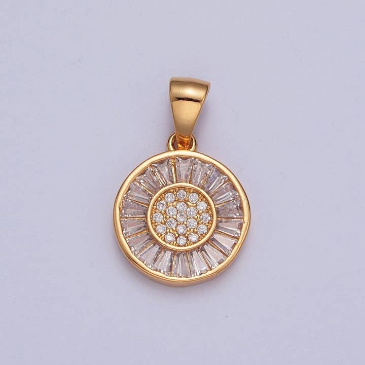 Gold Round Sunflower Sun Baguette CZ Pendant For Necklace Making X-377 for wholesale by Aim Eternal