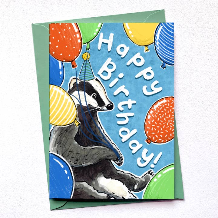 Badger and balloons birthday card for wholesale by Alexia Claire Ltd