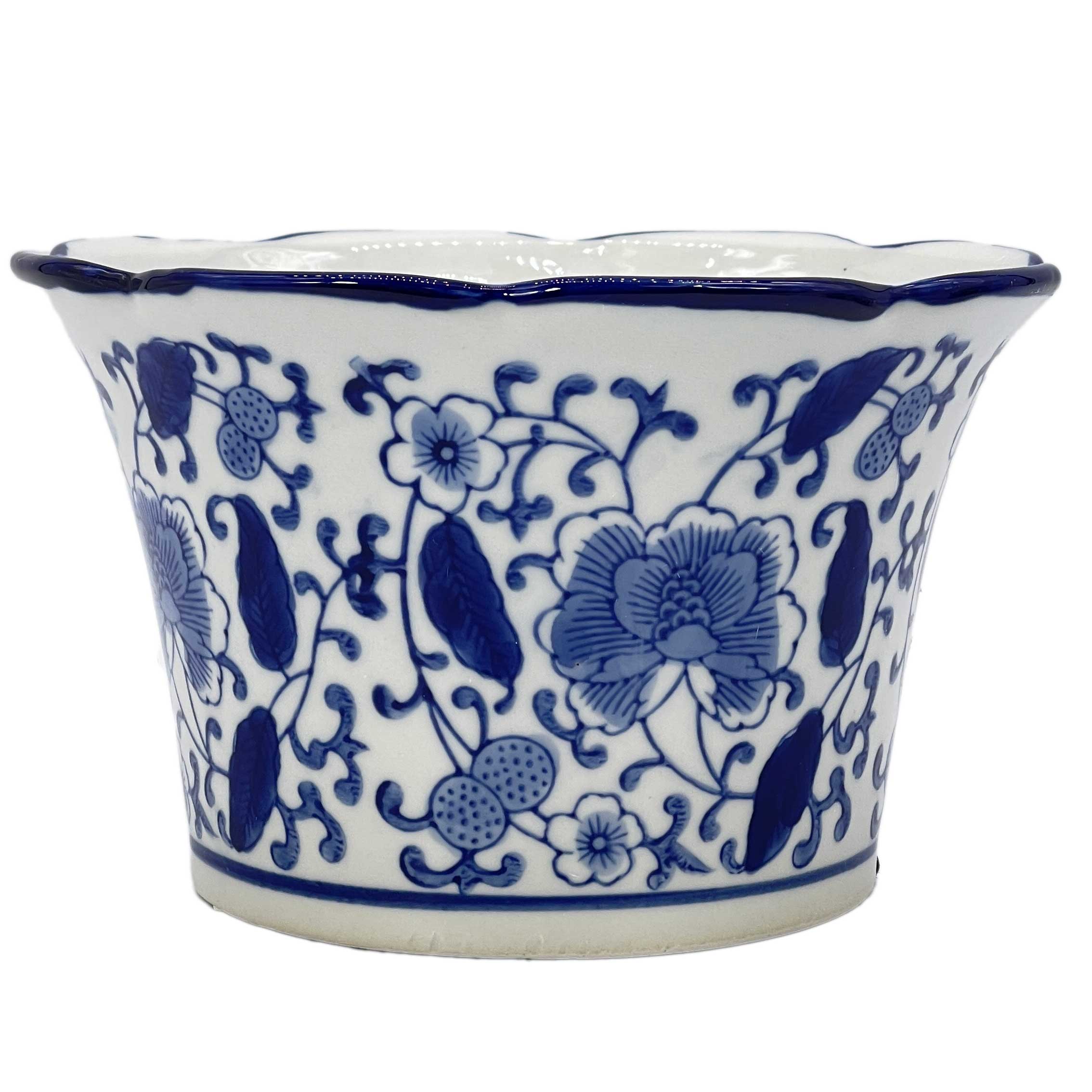Galt International Company – wholesale Plant pot – Set of 3 Blue & White Floral Ceramic Pots Ruffled Lip Style212