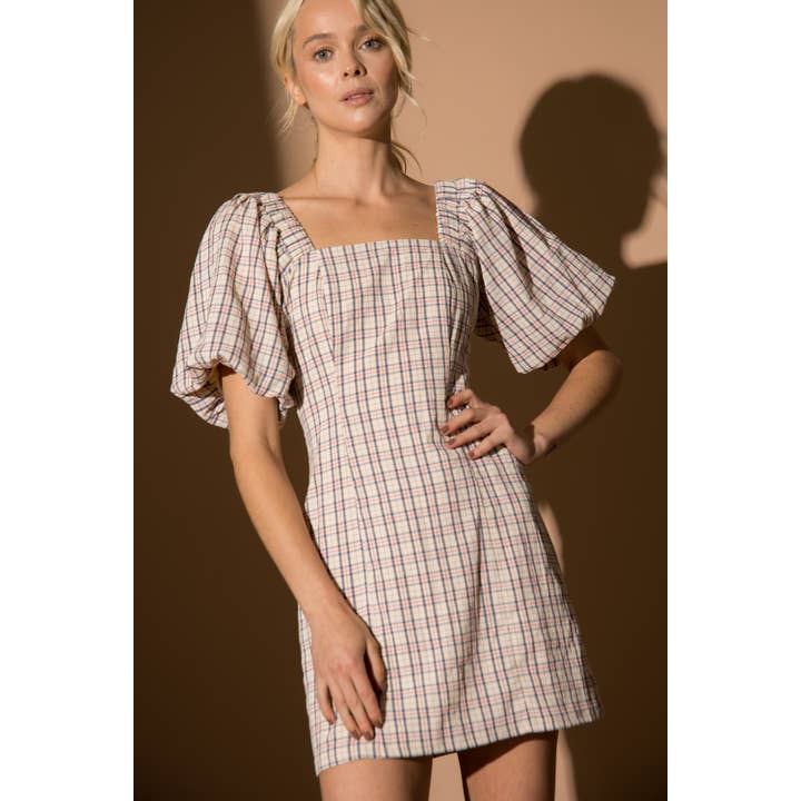 Tartan Balloon Sleeve Square Neck Mini Dress for wholesale by LENA