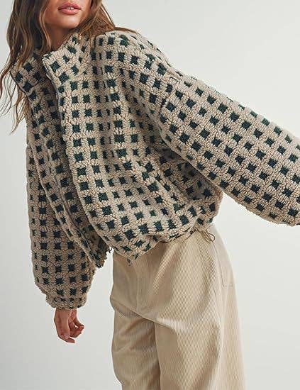 Rosa Clothing - Wholesale Jacket - Women's - Checkered Gingham Sherpa zip-up jacket 6 COLORS2