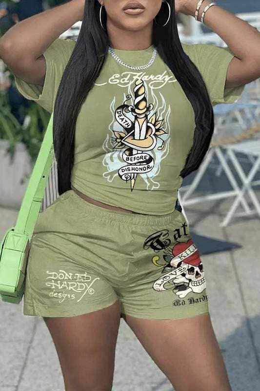Queen Fashion - Wholesale Top & Skirt Set - Women's - graphic t shirt and shorts set0