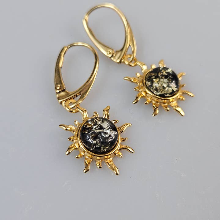 AmberLithuania - Vendita all'ingrosso Orecchini pendenti - Orecchini a forma di sole in oro e argento con pendente a filo, a forma di sole