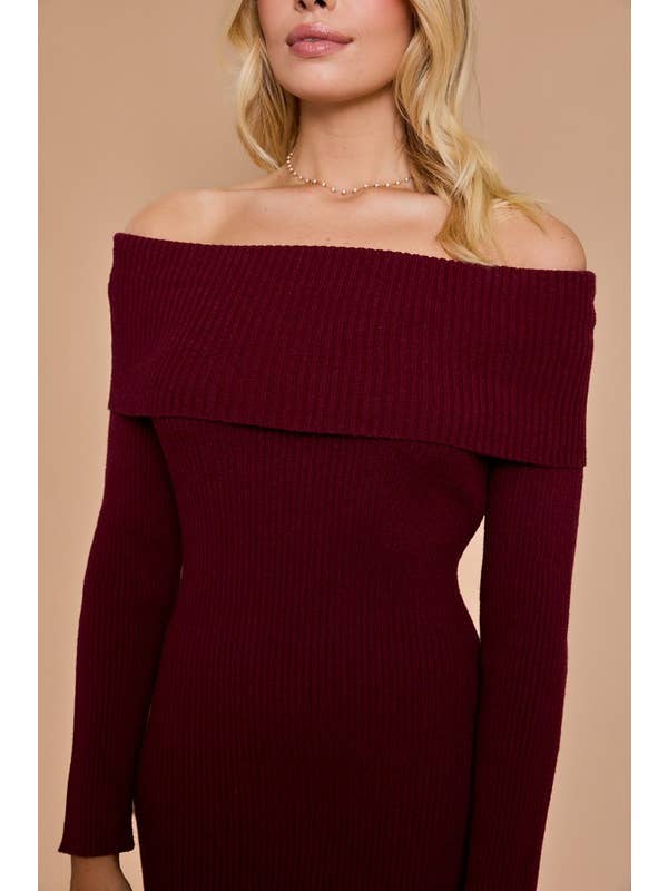 Wine Off Shoulder Rib Knit Bodycon Dress for wholesale on Faire