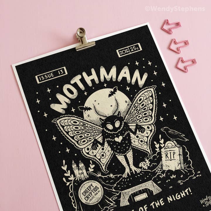 Mothman Cryptid Gothic Art Print for wholesale by Wendy Stephens Art