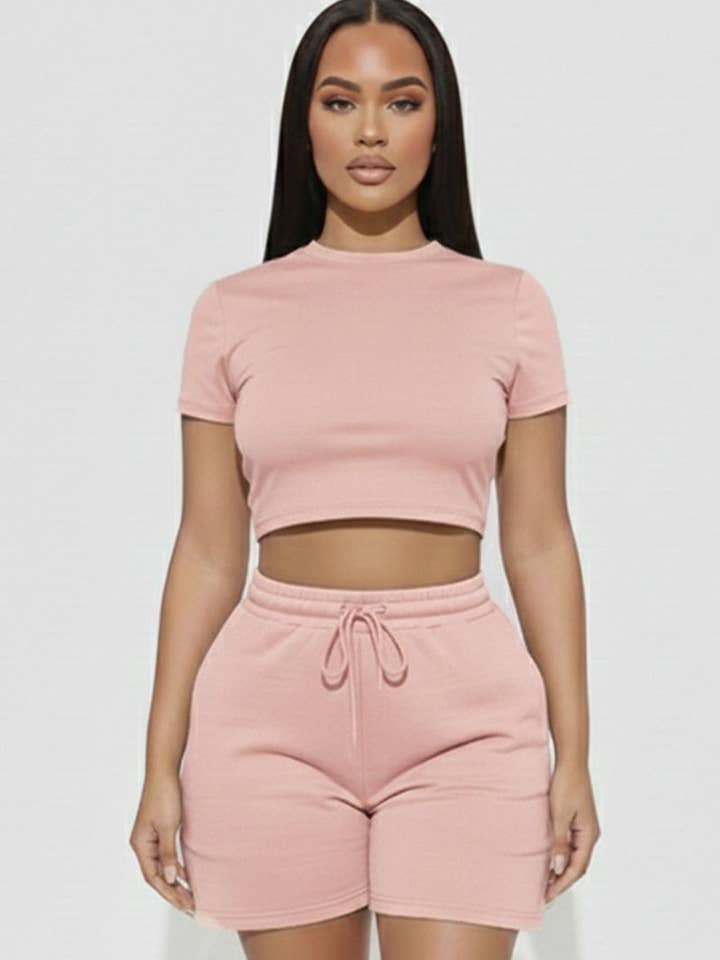 Fitted Crop Tee & Adjustable Drawstring Shorts Set for wholesale by CAPELLA APPAREL