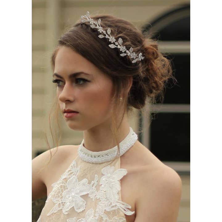 Silver Silvery Bridal Wedding Flower Leaf Twigs Zircon Hair Vine for wholesale on Faire5